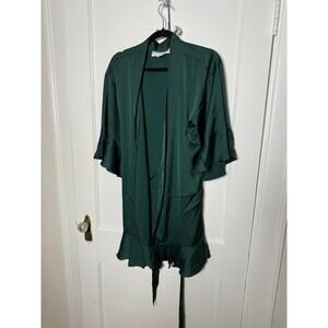 Birdy Grey Emerald Green Kenny Satin Ruffle Tie Short Robe Women's M/L NEW